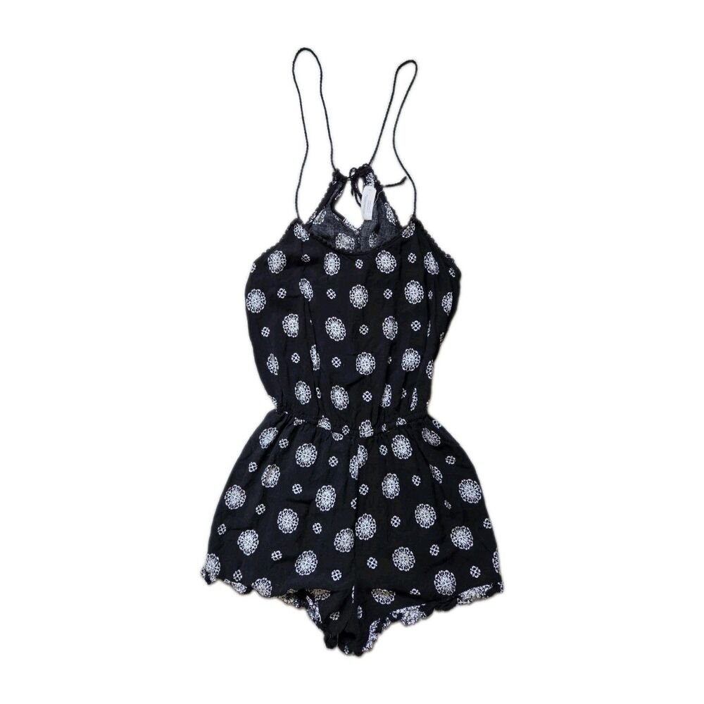 Ocean Drive Black White Print Halter Romper Back cutout Rayon Womens Size S GUC